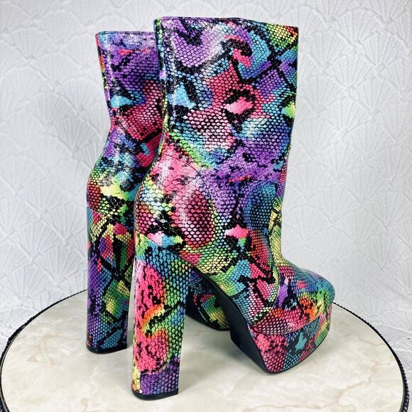 Liliana Platform Boots Womens Size 7 Rainbow Snakeskin Print Disco Zip Up Heels - Picture 9 of 14
